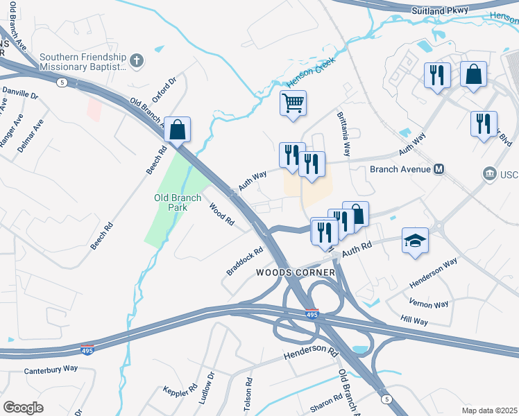 map of restaurants, bars, coffee shops, grocery stores, and more near 4725 Auth Place in Camp Springs