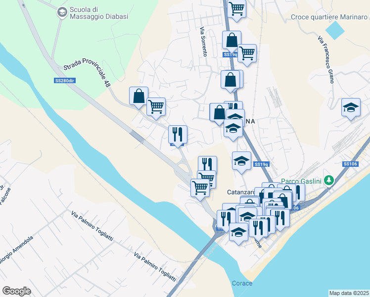 map of restaurants, bars, coffee shops, grocery stores, and more near Via Michele Maria Manfredi in Provincia di Catanzaro
