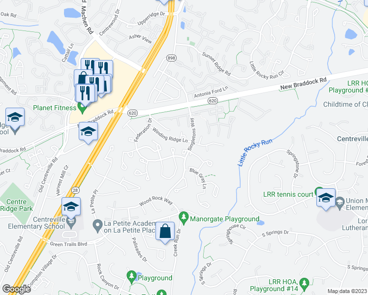 map of restaurants, bars, coffee shops, grocery stores, and more near 6308 Lightburn Court in Centreville