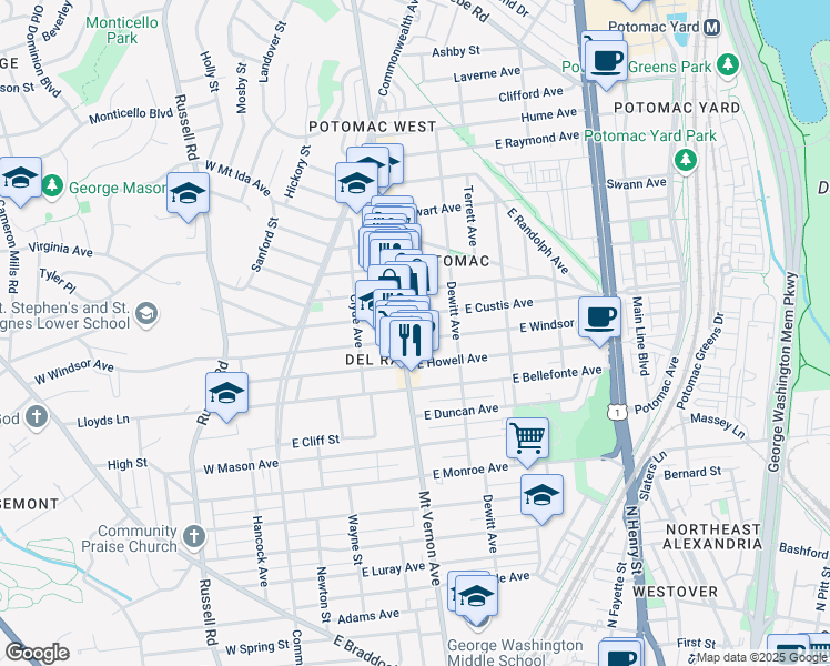 map of restaurants, bars, coffee shops, grocery stores, and more near 101 Independence Avenue Southeast in Washington