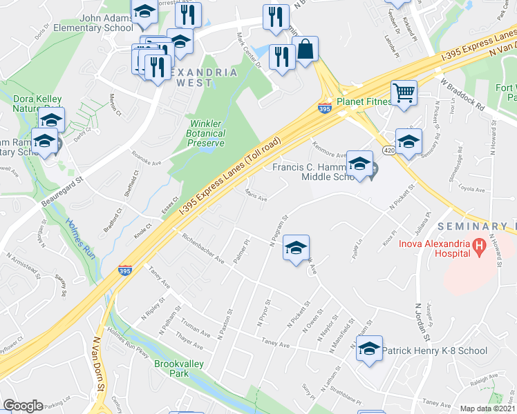 map of restaurants, bars, coffee shops, grocery stores, and more near 1300 North Pegram Street in Alexandria