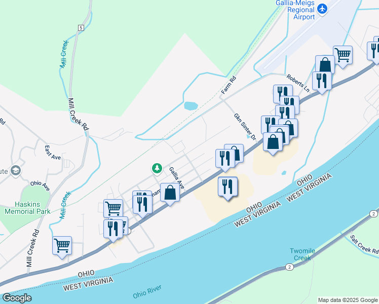 map of restaurants, bars, coffee shops, grocery stores, and more near 2121 Chestnut Street in Gallipolis