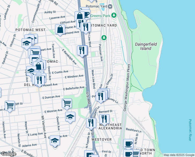 map of restaurants, bars, coffee shops, grocery stores, and more near 714 East Howell Avenue in Alexandria
