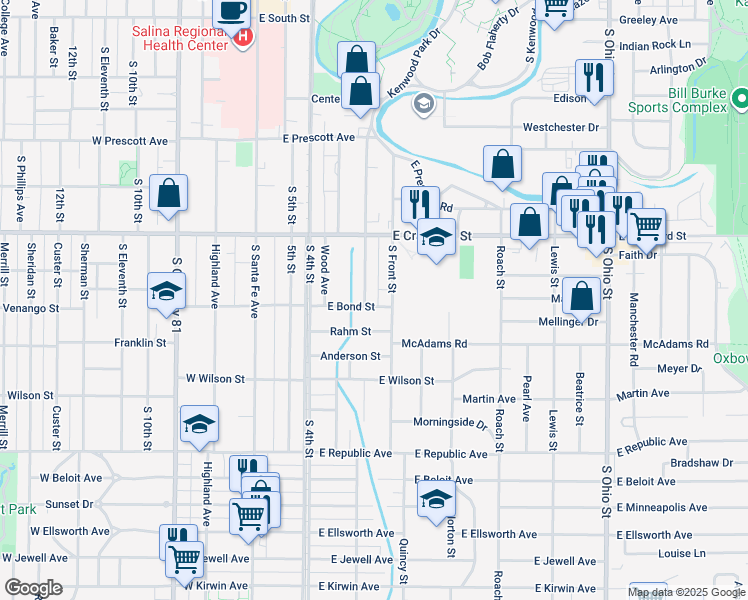 map of restaurants, bars, coffee shops, grocery stores, and more near 761 South 2nd Street in Salina