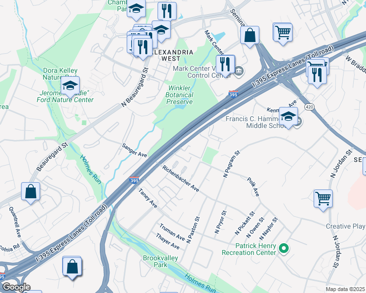 map of restaurants, bars, coffee shops, grocery stores, and more near 1185 North Van Dorn Street in Alexandria
