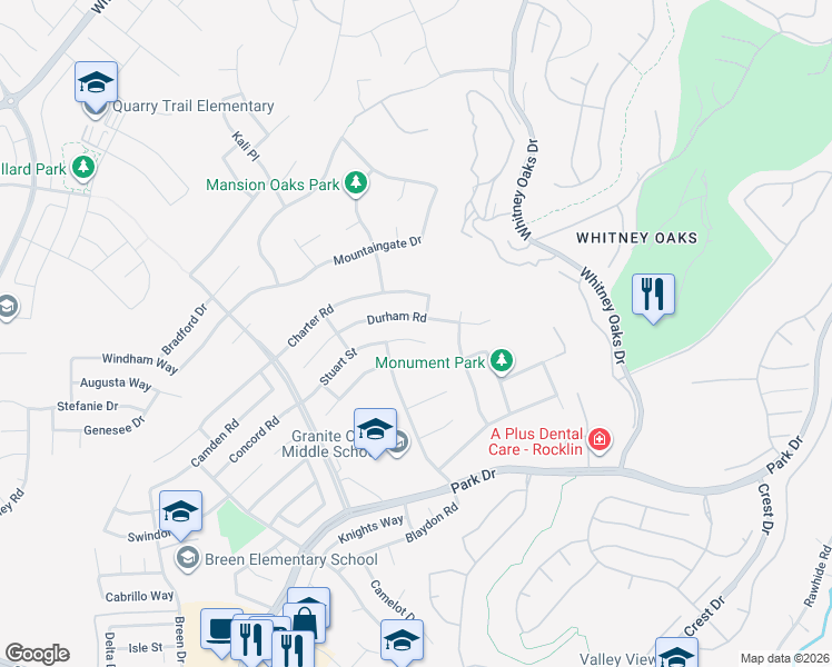 map of restaurants, bars, coffee shops, grocery stores, and more near 4609 Stuart Place in Rocklin