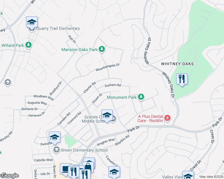 map of restaurants, bars, coffee shops, grocery stores, and more near 4703 Stuart Street in Rocklin