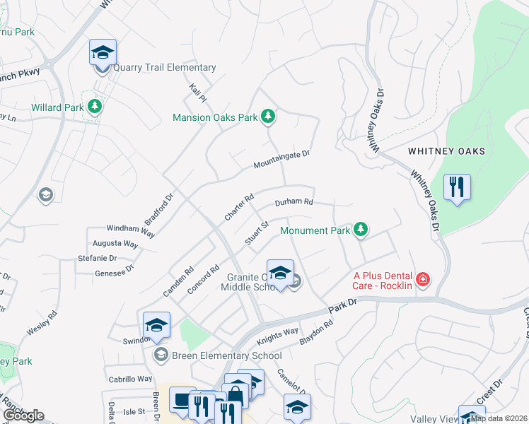 map of restaurants, bars, coffee shops, grocery stores, and more near 4726 Stuart Street in Rocklin