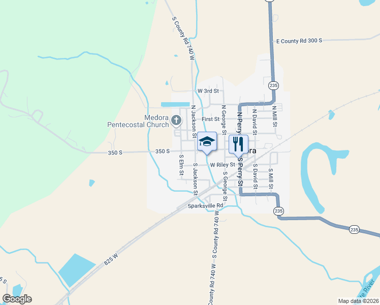 map of restaurants, bars, coffee shops, grocery stores, and more near 31 South Elm Street in Medora