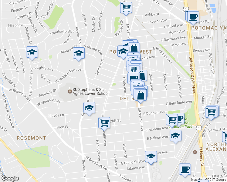 map of restaurants, bars, coffee shops, grocery stores, and more near 3 East Custis Avenue in Alexandria