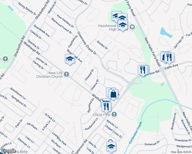 map of restaurants, bars, coffee shops, grocery stores, and more near 3013 Chance Drive in Florissant