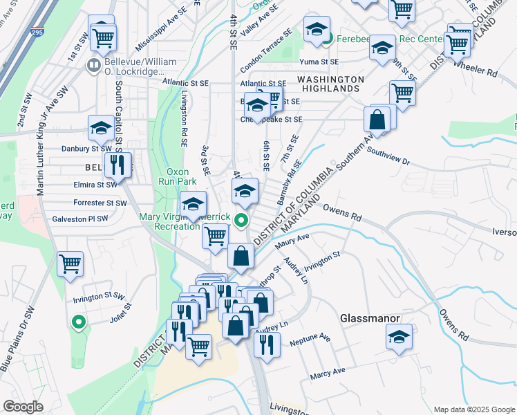 map of restaurants, bars, coffee shops, grocery stores, and more near 601 Forrester Street Southeast in Washington