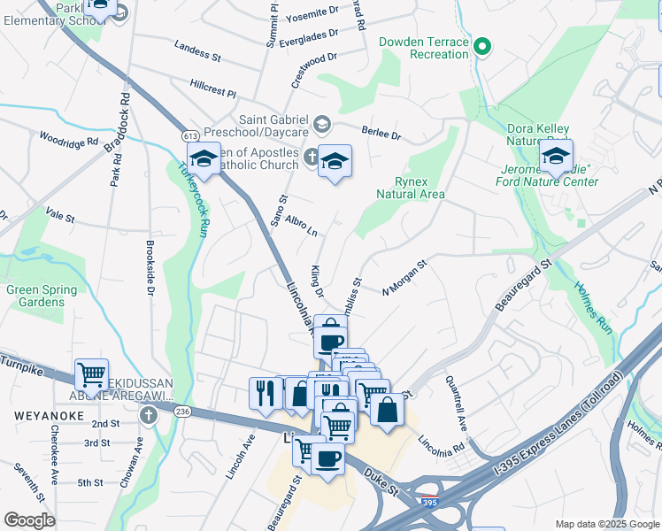 map of restaurants, bars, coffee shops, grocery stores, and more near 4512 Rynex Drive in Alexandria