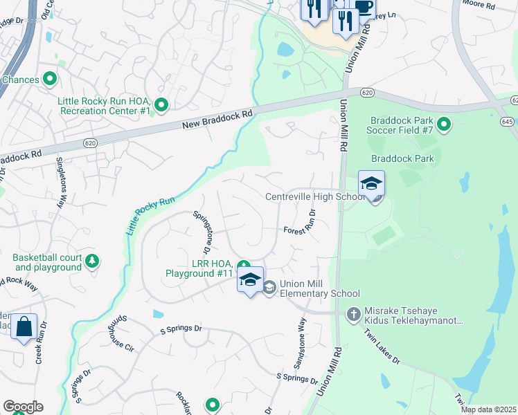 map of restaurants, bars, coffee shops, grocery stores, and more near 6117 Mountain Springs Lane in Clifton
