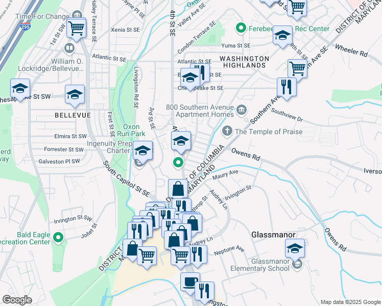 map of restaurants, bars, coffee shops, grocery stores, and more near 601 Forrester Street Southeast in Washington