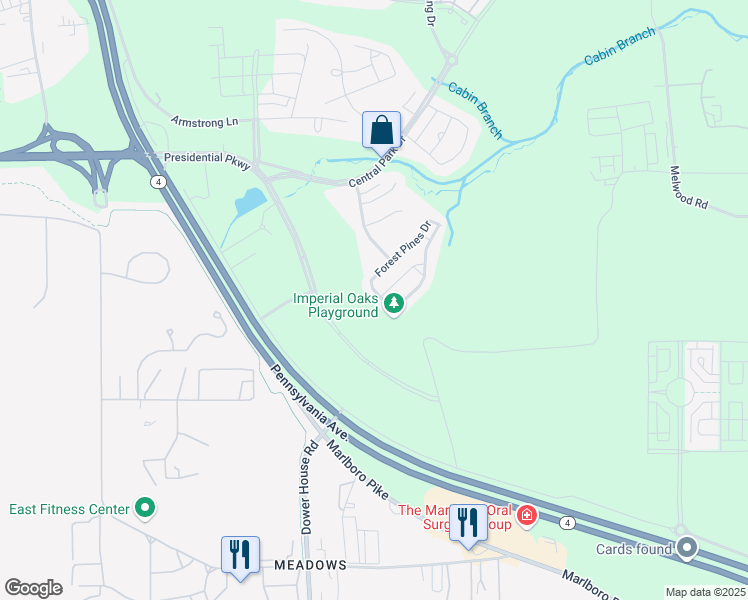 map of restaurants, bars, coffee shops, grocery stores, and more near 4845 Forest Pines Drive in Upper Marlboro