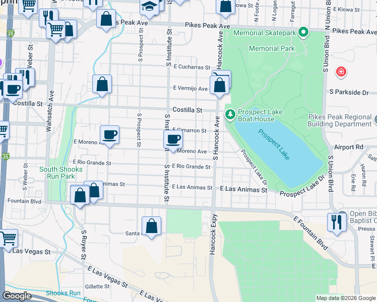 map of restaurants, bars, coffee shops, grocery stores, and more near 937 East Moreno Avenue in Colorado Springs