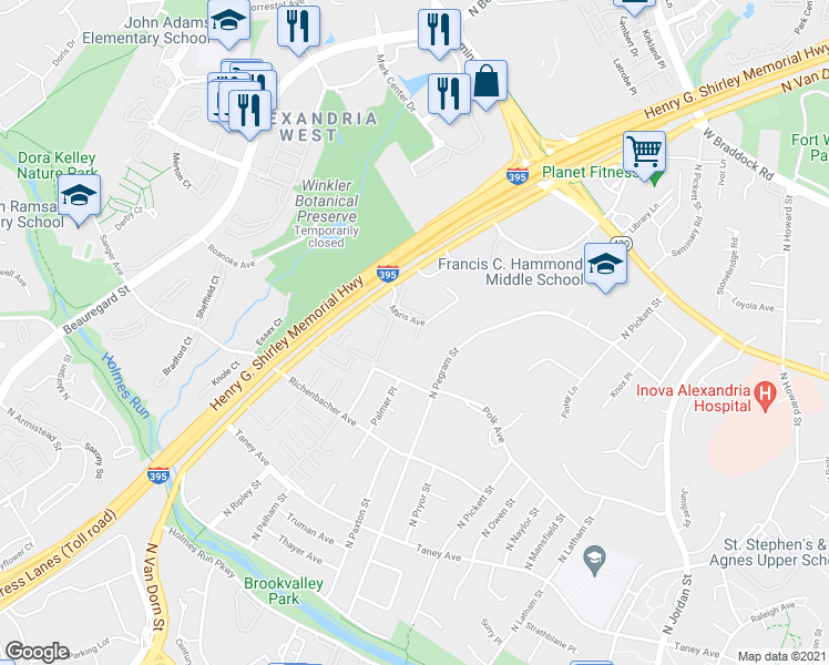 map of restaurants, bars, coffee shops, grocery stores, and more near 5206 Maris Avenue in Alexandria