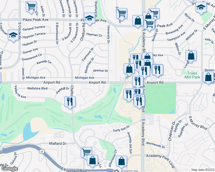 map of restaurants, bars, coffee shops, grocery stores, and more near 3575 Indigo Ridge Point in Colorado Springs