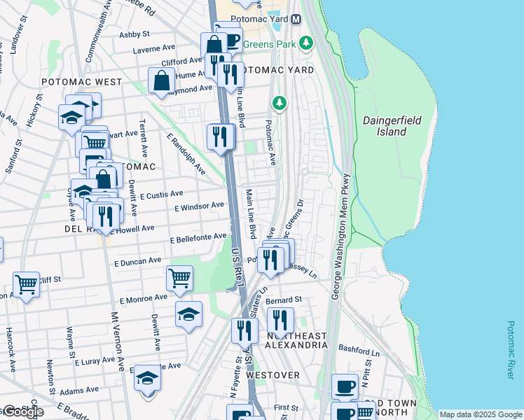 map of restaurants, bars, coffee shops, grocery stores, and more near 714 East Howell Avenue in Alexandria