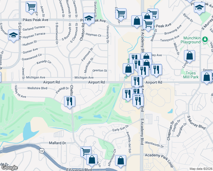 map of restaurants, bars, coffee shops, grocery stores, and more near 3551 Indigo Ridge Point in Colorado Springs