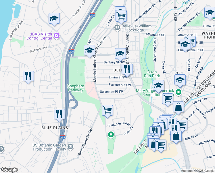map of restaurants, bars, coffee shops, grocery stores, and more near 126 Forrester Street Southwest in Washington
