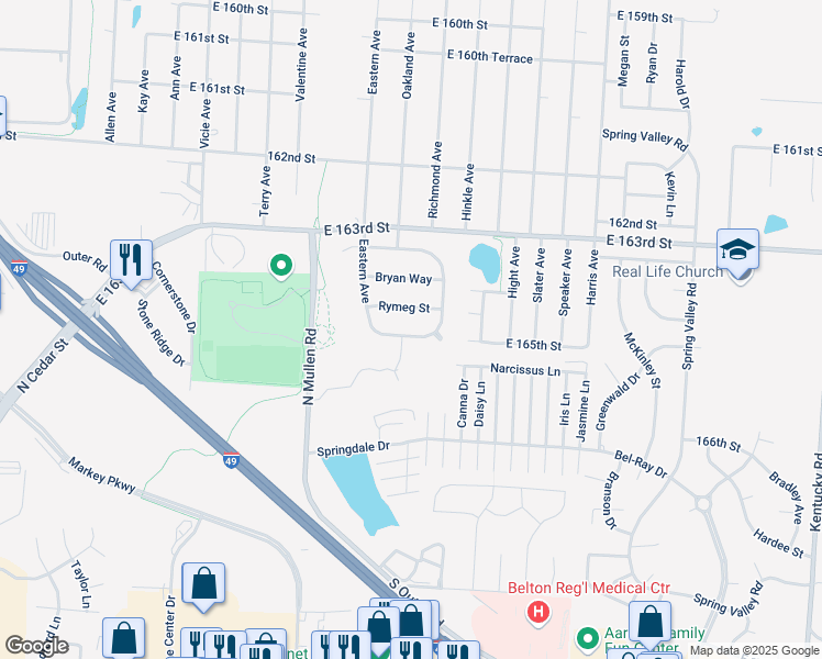 map of restaurants, bars, coffee shops, grocery stores, and more near 7212 East 165th Street in Belton