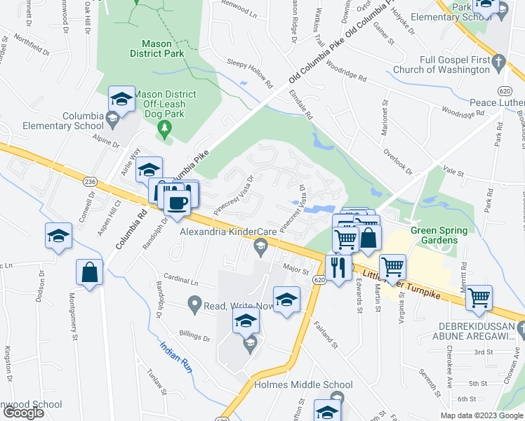 map of restaurants, bars, coffee shops, grocery stores, and more near 6571 Medinah Lane in Alexandria