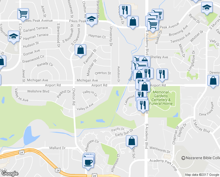 map of restaurants, bars, coffee shops, grocery stores, and more near 3551 Indigo Ridge Point in Colorado Springs