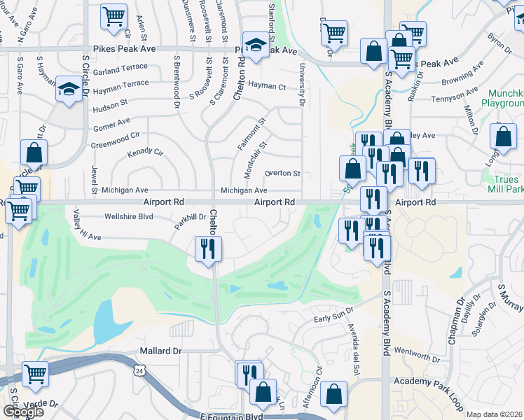 map of restaurants, bars, coffee shops, grocery stores, and more near 434 Valley Hi Circle in Colorado Springs