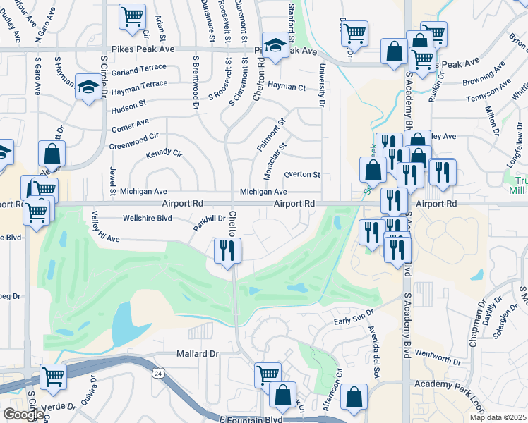 map of restaurants, bars, coffee shops, grocery stores, and more near 457 Valley Hi Circle in Colorado Springs