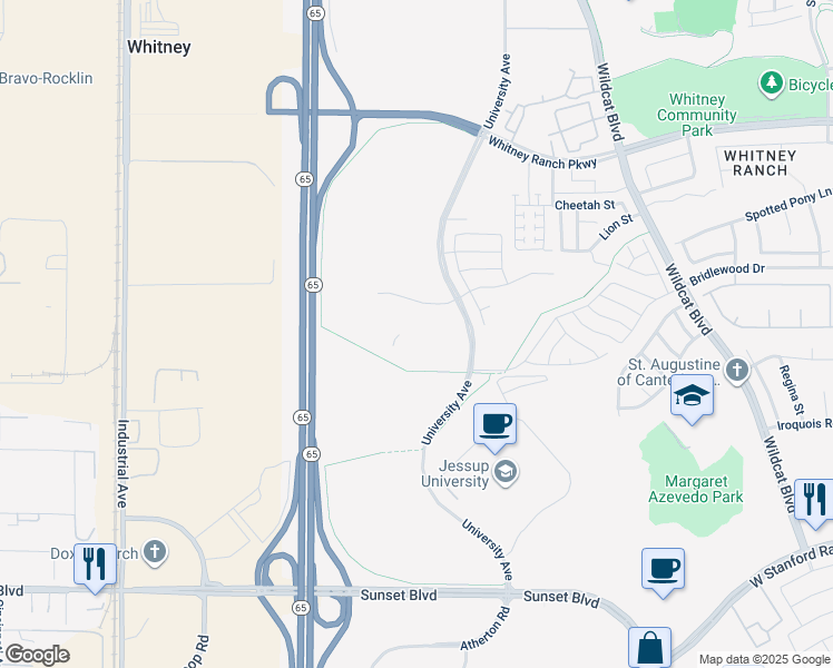 map of restaurants, bars, coffee shops, grocery stores, and more near Roseville Bypass in Rocklin