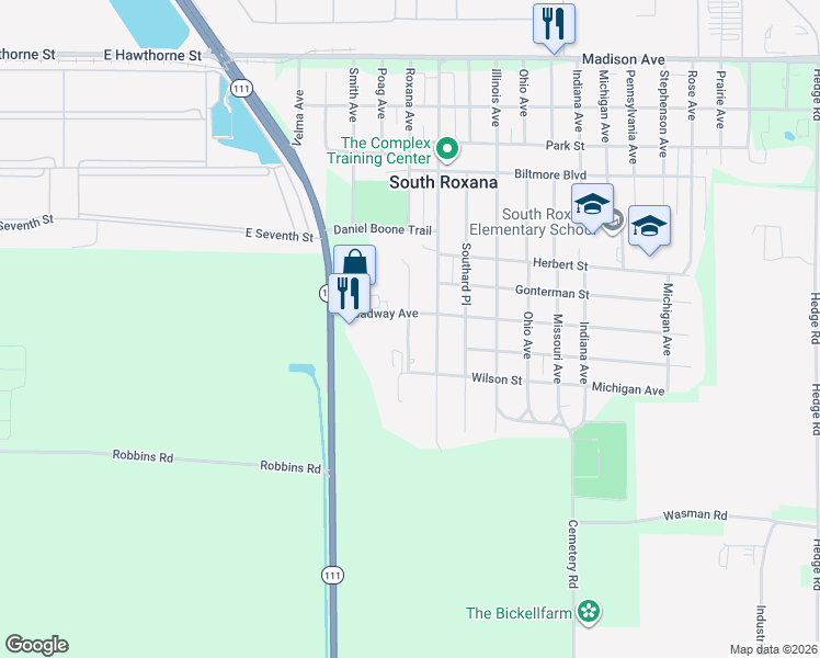 map of restaurants, bars, coffee shops, grocery stores, and more near 718b Connor Street in South Roxana
