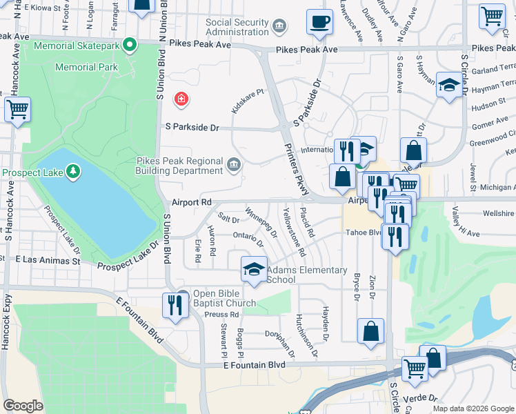 map of restaurants, bars, coffee shops, grocery stores, and more near 429 Winnepeg Drive in Colorado Springs