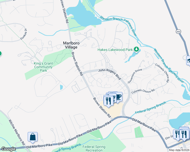 map of restaurants, bars, coffee shops, grocery stores, and more near 13909 King Gregory Way in Upper Marlboro