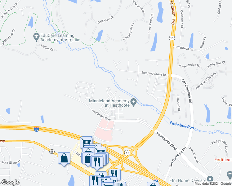 map of restaurants, bars, coffee shops, grocery stores, and more near 6157 Aster Haven Circle in Haymarket