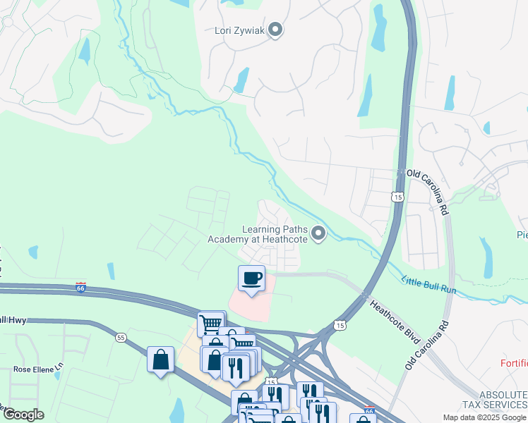 map of restaurants, bars, coffee shops, grocery stores, and more near 6042 Aster Haven Circle in Haymarket
