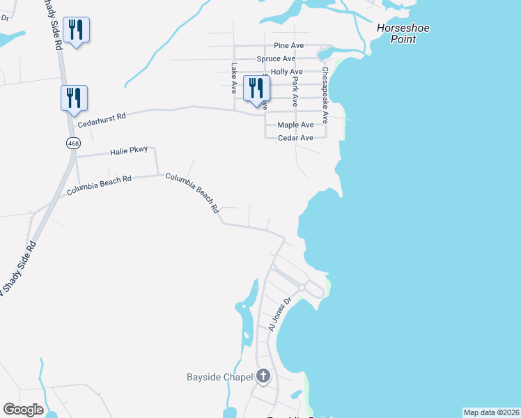 map of restaurants, bars, coffee shops, grocery stores, and more near 1556 Dennis Road in Shady Side