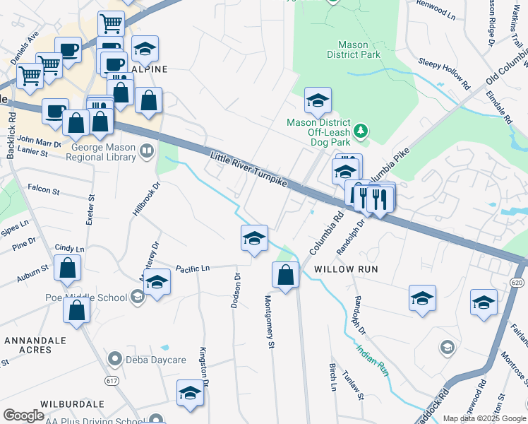 map of restaurants, bars, coffee shops, grocery stores, and more near 6774 Perry Penney Drive in Annandale