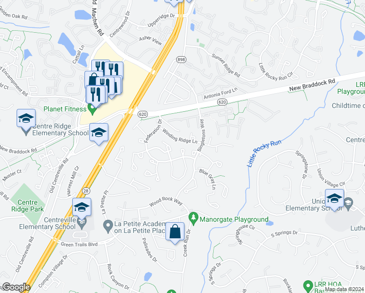 map of restaurants, bars, coffee shops, grocery stores, and more near 6307 Betsy Ross Court in Centreville