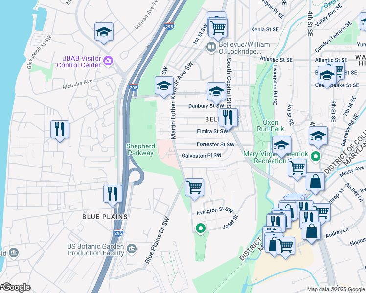 map of restaurants, bars, coffee shops, grocery stores, and more near 166 Forrester Street Southwest in Washington