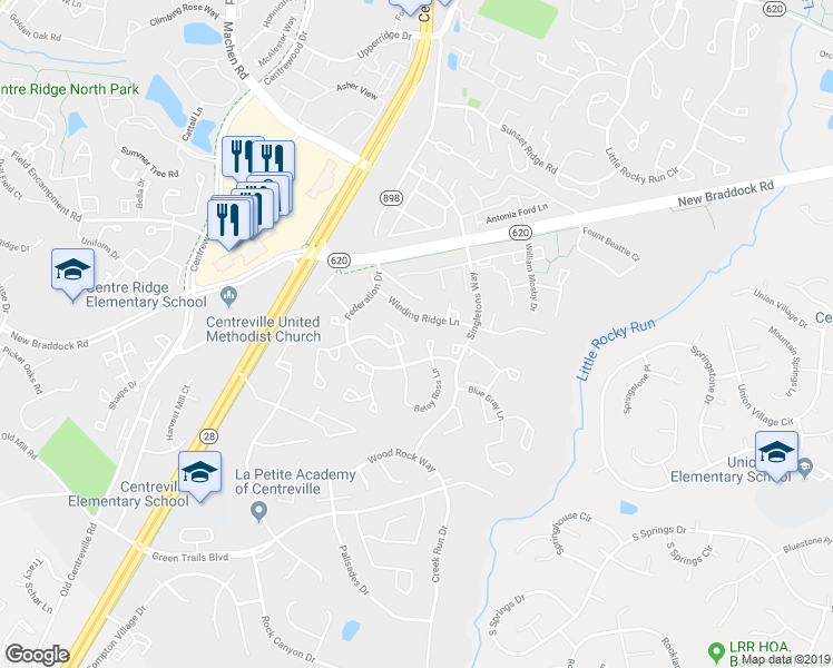 map of restaurants, bars, coffee shops, grocery stores, and more near 6300 Betsy Ross Court in Centreville