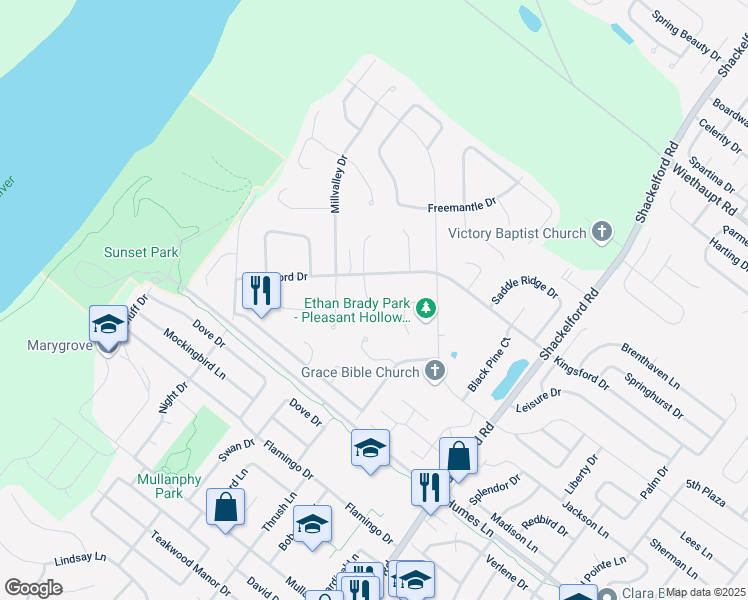 map of restaurants, bars, coffee shops, grocery stores, and more near 2354 Stoney End Court in Florissant