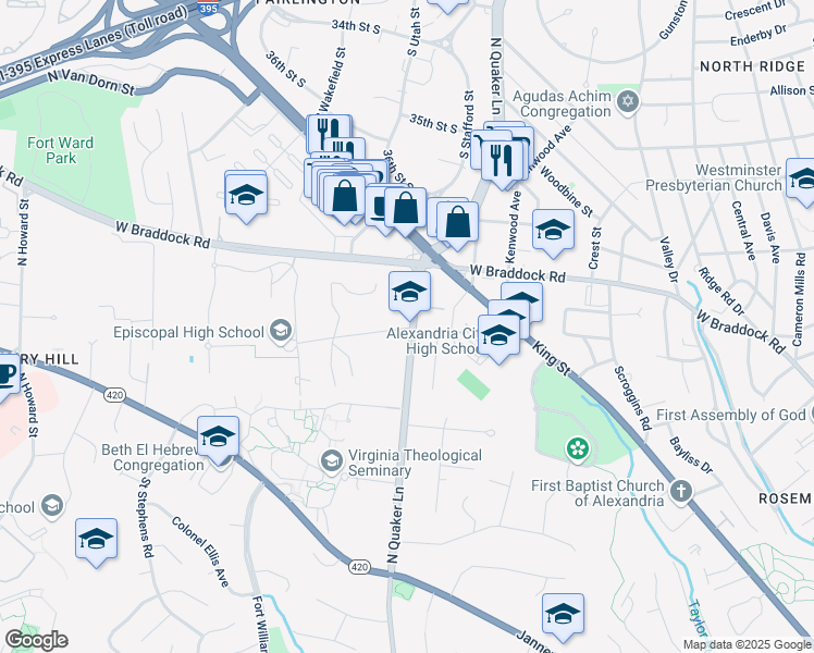 map of restaurants, bars, coffee shops, grocery stores, and more near 1200 North Quaker Lane in Alexandria