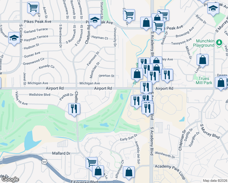 map of restaurants, bars, coffee shops, grocery stores, and more near 3551 Indigo Ridge Point in Colorado Springs