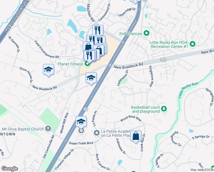 map of restaurants, bars, coffee shops, grocery stores, and more near 6325 Saint Timothys Lane in Centreville