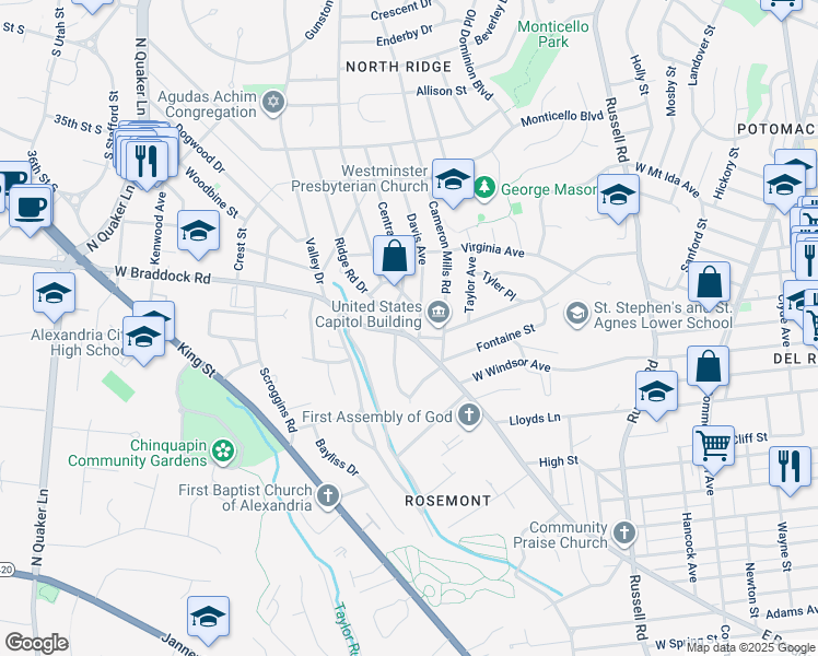map of restaurants, bars, coffee shops, grocery stores, and more near 2401 Ridge Road Drive in Alexandria