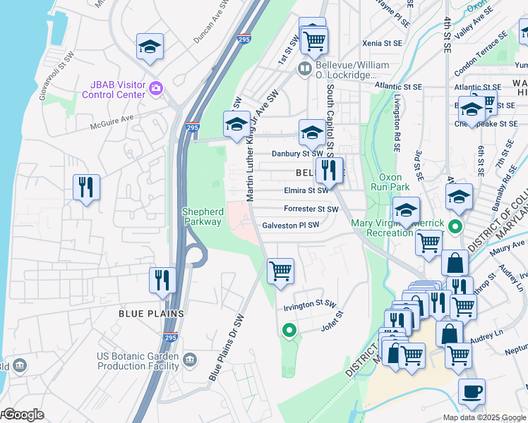 map of restaurants, bars, coffee shops, grocery stores, and more near 166 Forrester Street Southwest in Washington