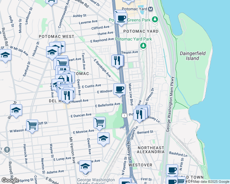 map of restaurants, bars, coffee shops, grocery stores, and more near 511 East Windsor Avenue in Alexandria