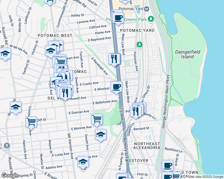 map of restaurants, bars, coffee shops, grocery stores, and more near 511 East Windsor Avenue in Alexandria